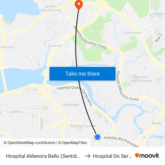 Hospital Aldenora Bello (Sentido Bairro) to Hospital Do Servidor map