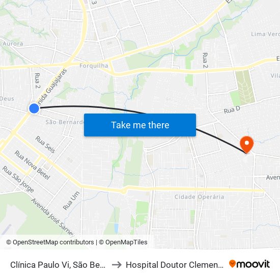 Clínica Paulo Vi, São Bernardo (Sentido Centro) to Hospital Doutor Clementino Moura - Socorrão II map