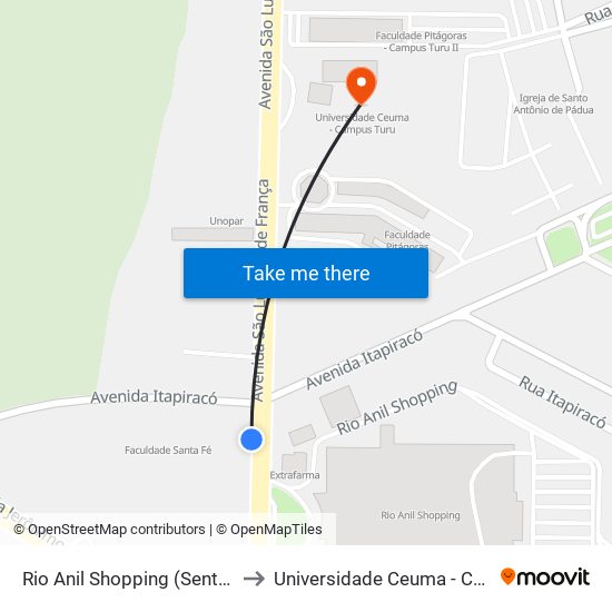 Rio Anil Shopping (Sentido Centro) to Universidade Ceuma - Campus Turu map