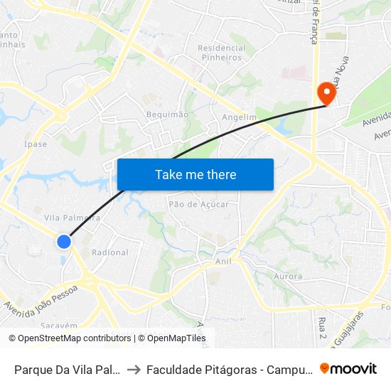 Parque Da Vila Palmeira to Faculdade Pitágoras - Campus Turu II map