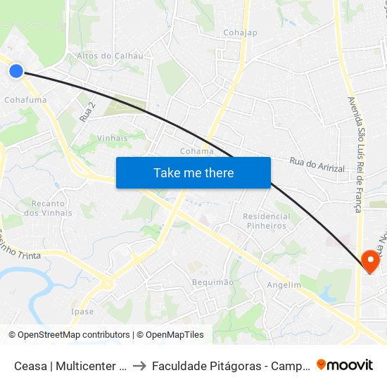 Ceasa | Multicenter Sebrae to Faculdade Pitágoras - Campus Turu II map