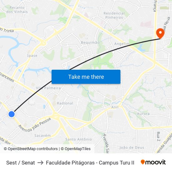 Sest / Senat to Faculdade Pitágoras - Campus Turu II map