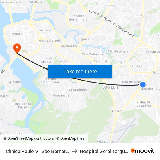 Clínica Paulo Vi, São Bernardo (Sentido Centro) to Hospital Geral Tarquínio Lopes Filho map
