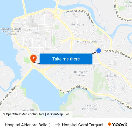 Hospital Aldenora Bello (Sentido Bairro) to Hospital Geral Tarquínio Lopes Filho map