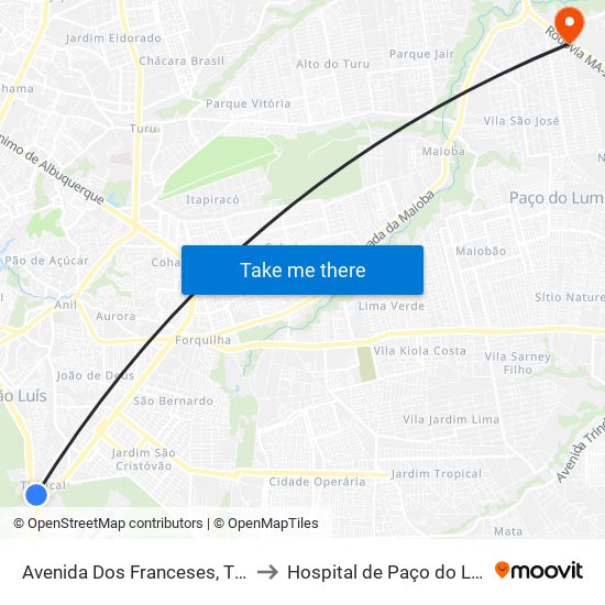 Avenida Dos Franceses, Tirirical to Hospital de Paço do Lumiar map