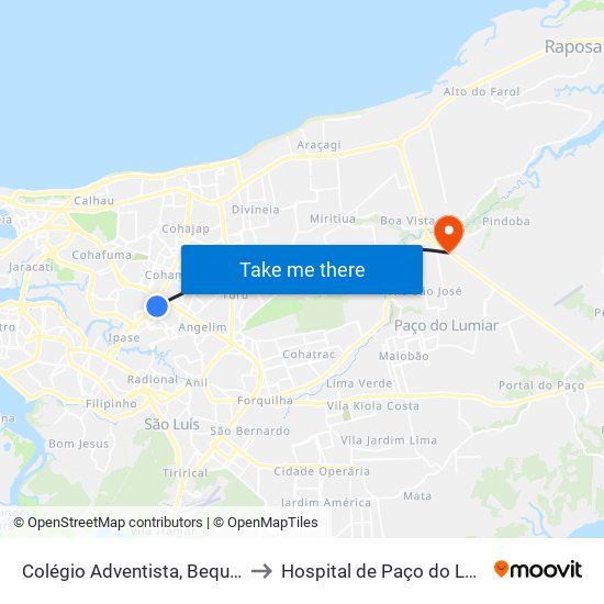 Colégio Adventista, Bequimão to Hospital de Paço do Lumiar map