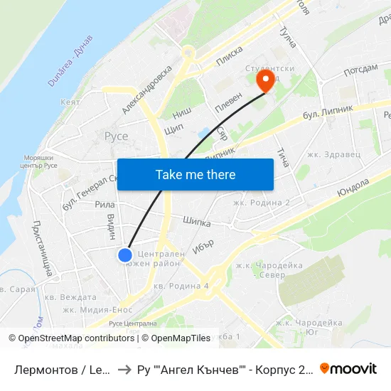 Лермонтов / Lermontov to Ру ""Ангел Кънчев"" - Корпус 20: Транспорт map