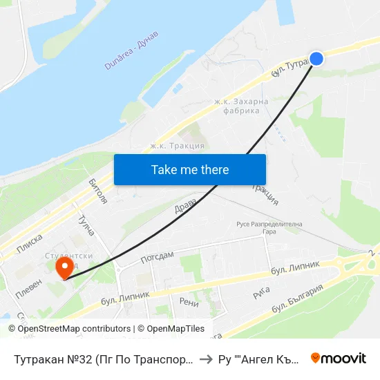 Тутракан №32 (Пг По Транспорт) / 32 Tutrakan Boulevard (Vocational School Of Transport) to Ру ""Ангел Кънчев"" - Корпус 20: Транспорт map