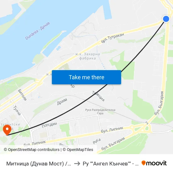 Митница (Дунав Мост) / Customs (Danube Bridge) to Ру ""Ангел Кънчев"" - Корпус 20: Транспорт map