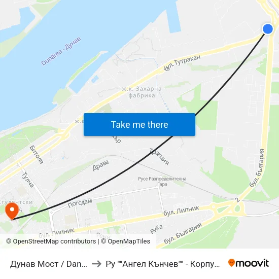 Дунав Мост / Danube Bridge to Ру ""Ангел Кънчев"" - Корпус 20: Транспорт map