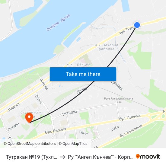 Тутракан №19 (Тухлена Фабрика) to Ру ""Ангел Кънчев"" - Корпус 20: Транспорт map