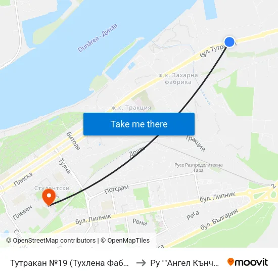Тутракан №19 (Тухлена Фабрика) / 19 Tutrakan Boulevard (Brick Factory) to Ру ""Ангел Кънчев"" - Корпус 20: Транспорт map