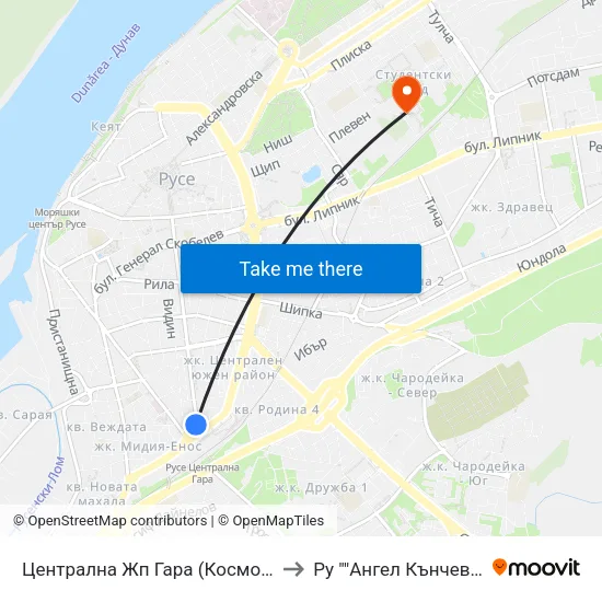 Централна Жп Гара (Космос) / Central Railway Station (Cosmos) to Ру ""Ангел Кънчев"" - Корпус 20: Транспорт map