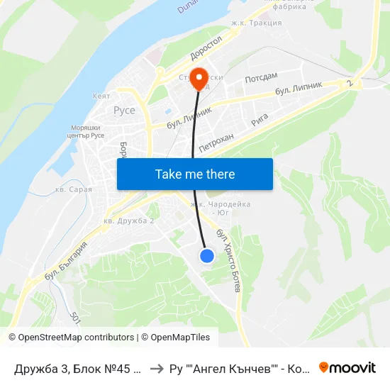 Дружба 3, Блок №45 / Druzhba 3, Bl. 45 to Ру ""Ангел Кънчев"" - Корпус 20: Транспорт map