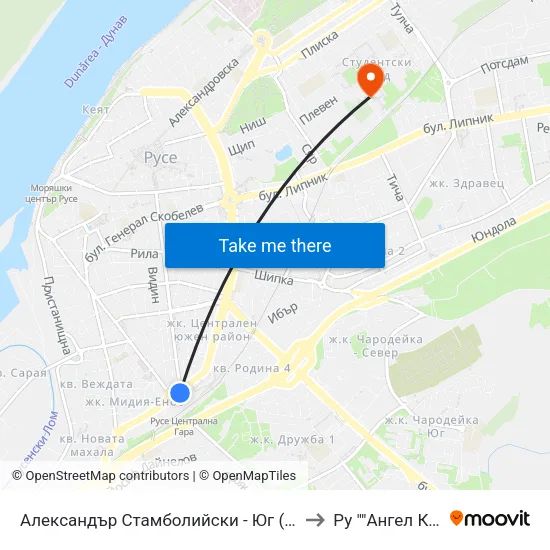 Александър Стамболийски - Юг (Централна Жп Гара) / Alexander Stamboliyski - South (Central Railway Station) to Ру ""Ангел Кънчев"" - Корпус 20: Транспорт map