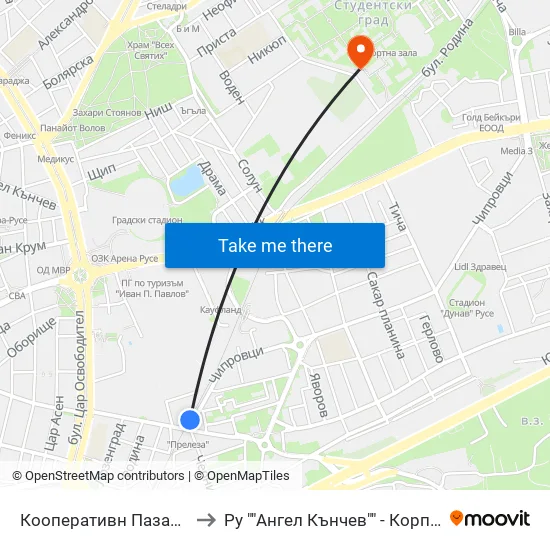 Кооперативн Пазар (Жп Прелез) / Cooperative Market (Railway Crossing) to Ру ""Ангел Кънчев"" - Корпус 20: Транспорт map