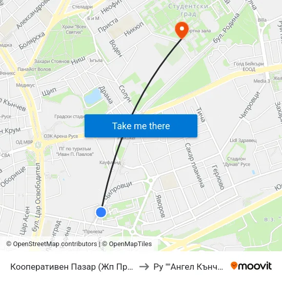 Кооперативен Пазар (Жп Прелез) / Cooperative Market (Railway Crossing) to Ру ""Ангел Кънчев"" - Корпус 20: Транспорт map