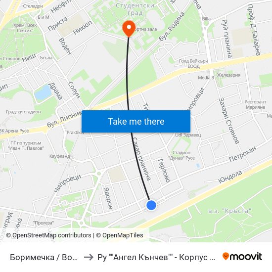 Боримечка / Borimechka to Ру ""Ангел Кънчев"" - Корпус 20: Транспорт map