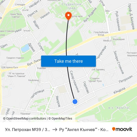 Ул. Петрохан №39 / 39 Petrohan Street to Ру ""Ангел Кънчев"" - Корпус 20: Транспорт map