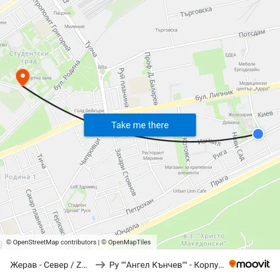 Жерав - Север / Zherav - North to Ру ""Ангел Кънчев"" - Корпус 20: Транспорт map