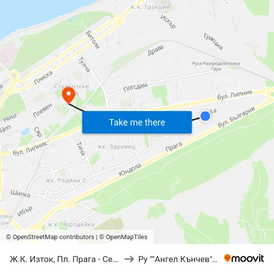 Ж.К. Изток, Пл. Прага - Север / Iztok Qr., Prague Sq. - North to Ру ""Ангел Кънчев"" - Корпус 20: Транспорт map