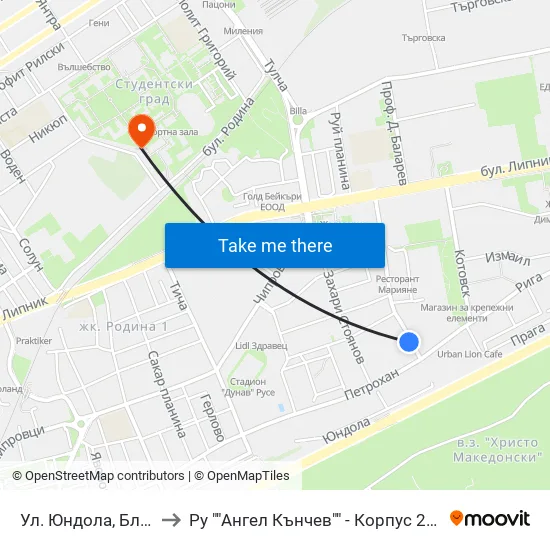 Ул. Юндола, Блок №16 / Yundola Street, Bl. 16 to Ру ""Ангел Кънчев"" - Корпус 20: Транспорт map