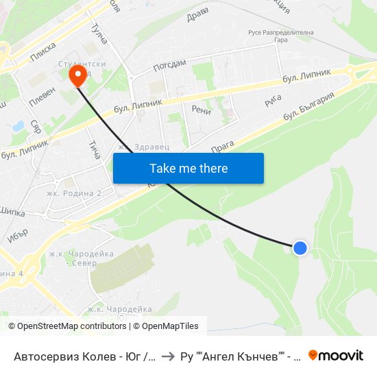 Автосервиз Колев - Юг to Ру ""Ангел Кънчев"" - Корпус 20: Транспорт map