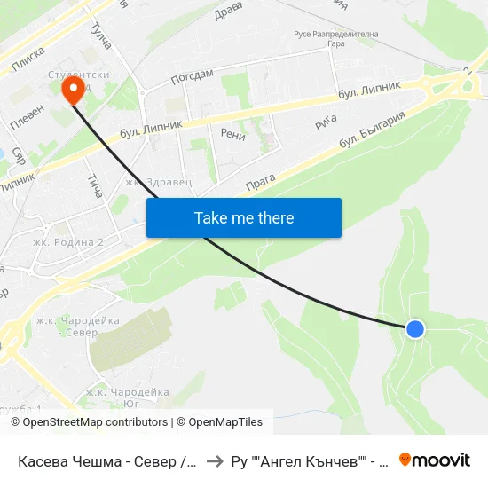 Касева Чешма - Север / Kaseva Cheshma - North to Ру ""Ангел Кънчев"" - Корпус 20: Транспорт map