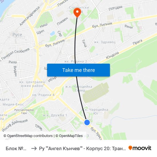 Блок №121 to Ру ""Ангел Кънчев"" - Корпус 20: Транспорт map