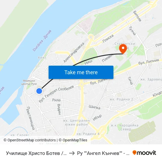 Училище Христо Ботев / Hristo Botev High School to Ру ""Ангел Кънчев"" - Корпус 20: Транспорт map