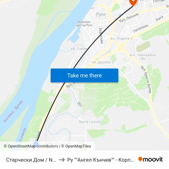 Старчески Дом /  Nursing Home to Ру ""Ангел Кънчев"" - Корпус 20: Транспорт map