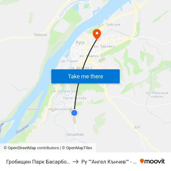 Гробищен Парк Басарбово / Basarbovo Cemetery to Ру ""Ангел Кънчев"" - Корпус 20: Транспорт map