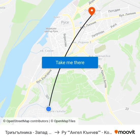 Триъгълника - Запад / Triagalnika - West to Ру ""Ангел Кънчев"" - Корпус 20: Транспорт map