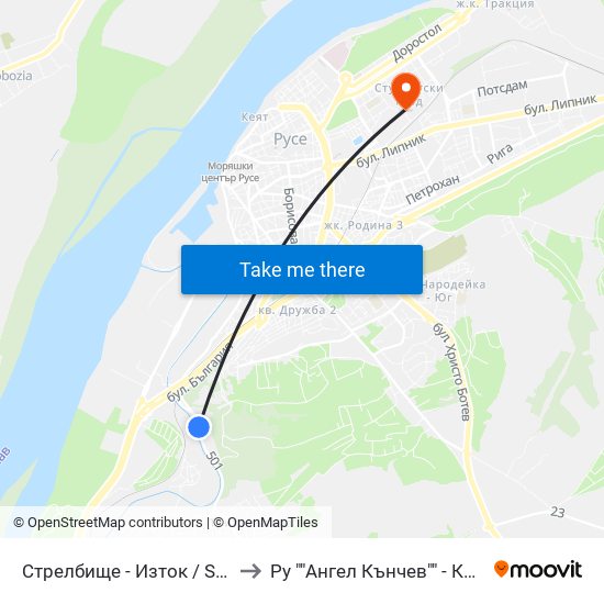 Стрелбище - Изток to Ру ""Ангел Кънчев"" - Корпус 20: Транспорт map