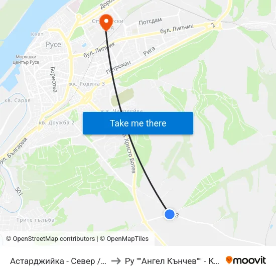Астарджийка - Север / Astardzhiyka - North to Ру ""Ангел Кънчев"" - Корпус 20: Транспорт map