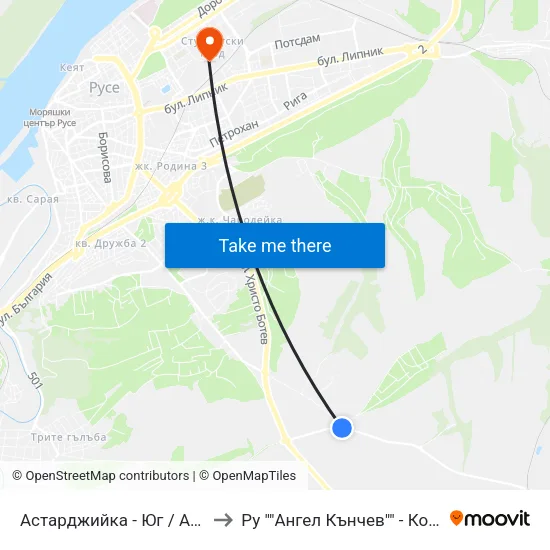 Астарджийка - Юг / Astardzhiyka - South to Ру ""Ангел Кънчев"" - Корпус 20: Транспорт map