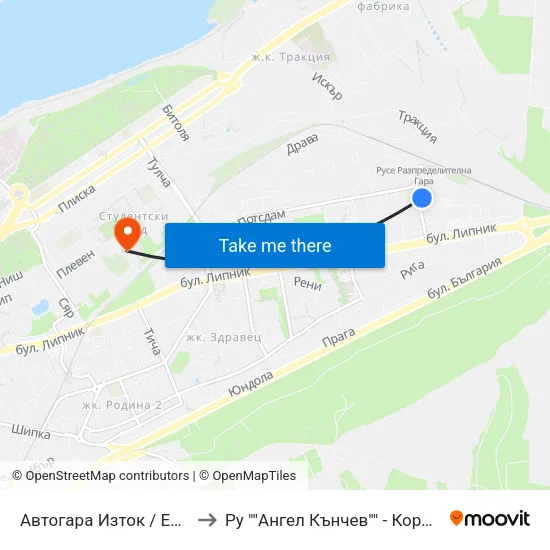 Автогара Изток / East Bus Station to Ру ""Ангел Кънчев"" - Корпус 20: Транспорт map