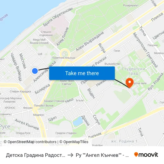 Детска Градина Радост / Radost Kindergarten to Ру ""Ангел Кънчев"" - Корпус 20: Транспорт map