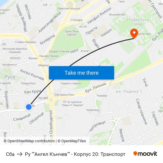 Сба to Ру ""Ангел Кънчев"" - Корпус 20: Транспорт map