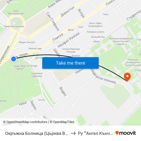 Окръжна Болница (Църква Всех Святих) to Ру ""Ангел Кънчев"" - Корпус 20: Транспорт map