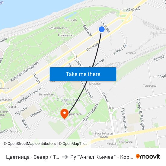 Цветница - Север / Tsvetnitsa - Norht to Ру ""Ангел Кънчев"" - Корпус 20: Транспорт map