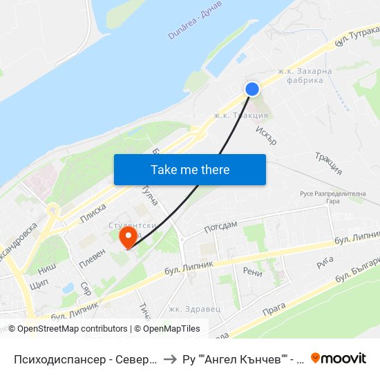 Психодиспансер - Север to Ру ""Ангел Кънчев"" - Корпус 20: Транспорт map