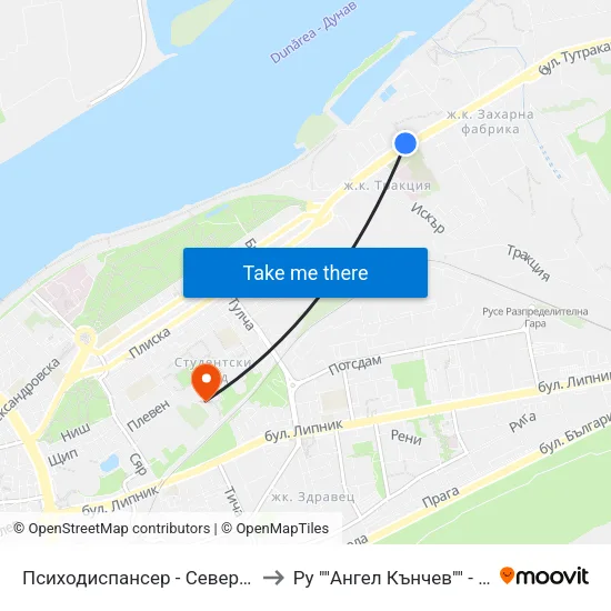 Психодиспансер - Север / Psychiatric Clinic - North to Ру ""Ангел Кънчев"" - Корпус 20: Транспорт map