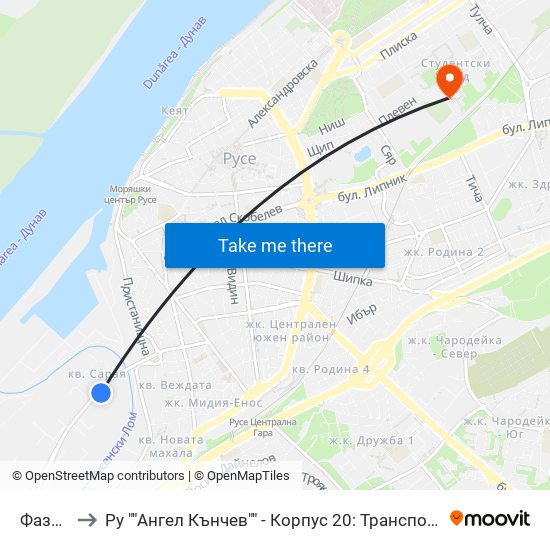 Фазан to Ру ""Ангел Кънчев"" - Корпус 20: Транспорт map
