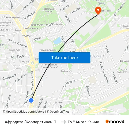 Афродита (Кооперативен Пазар) / Aphrodite (Cooperative Market) to Ру ""Ангел Кънчев"" - Корпус 20: Транспорт map