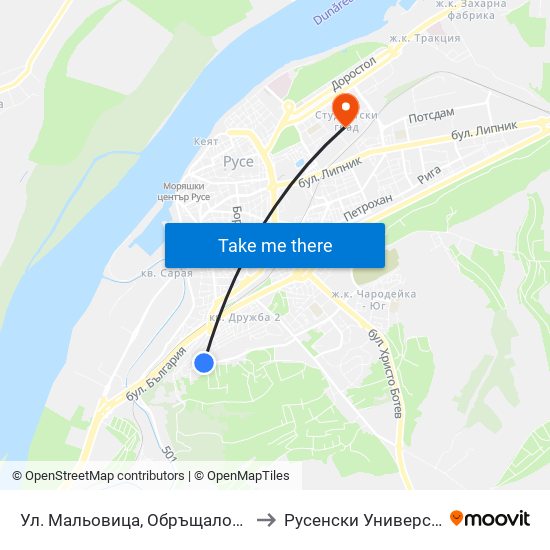 Ул. Мальовица, Обръщалото to Русенски Университет ""Ангел Кънчев"" map