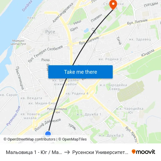 Мальовица 1 - Юг / Malyovitsa 1 - South to Русенски Университет ""Ангел Кънчев"" map