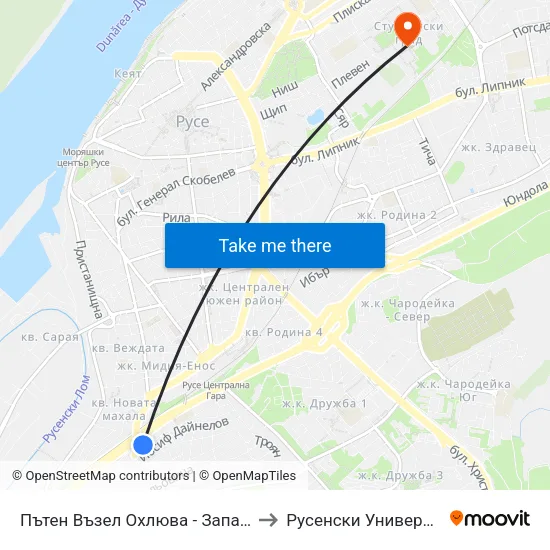 Пътен Възел Охлюва - Запад / Ohliuva Road Junction - West to Русенски Университет ""Ангел Кънчев"" map