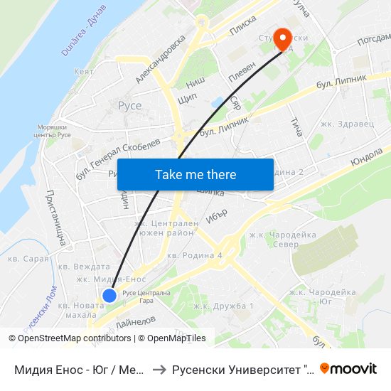 Мидия Енос - Юг to Русенски Университет ""Ангел Кънчев"" map