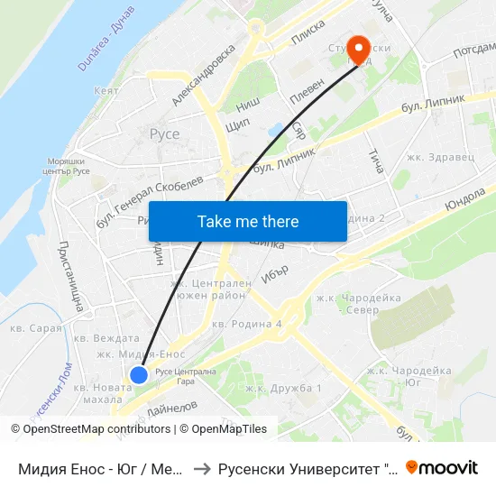 Мидия Енос - Юг / Media Enos - South to Русенски Университет ""Ангел Кънчев"" map
